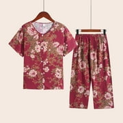 Njoeus Womens Pajama Sets Floral Print Button Up Short Sleeve Top with Capris Pants Summer Casual Sleepwear for Women Loungewear 2 Piece Pjs Set XL-4XL(Imitation Cotton Linen)